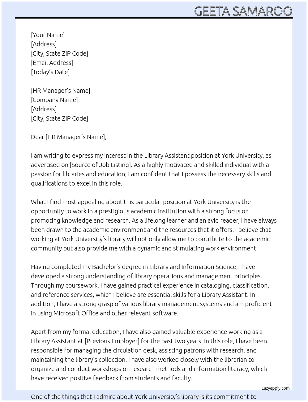 Library Assistant  At York University  Cover Letter