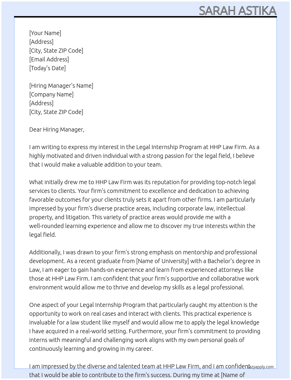 legal internship program At HHP Law Firm Cover Letter