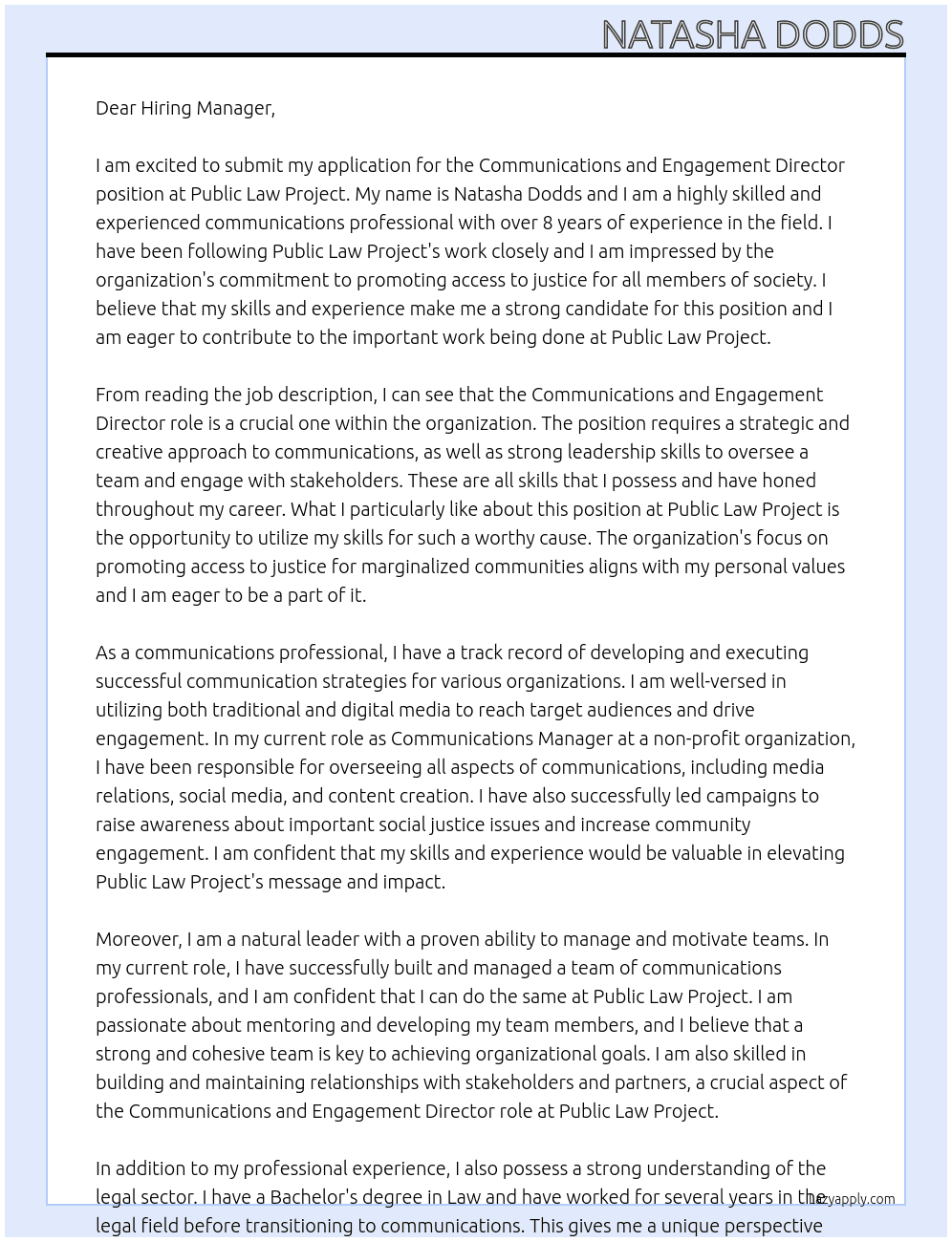 Communications and Engagement Director At Public Law Project Cover Letter