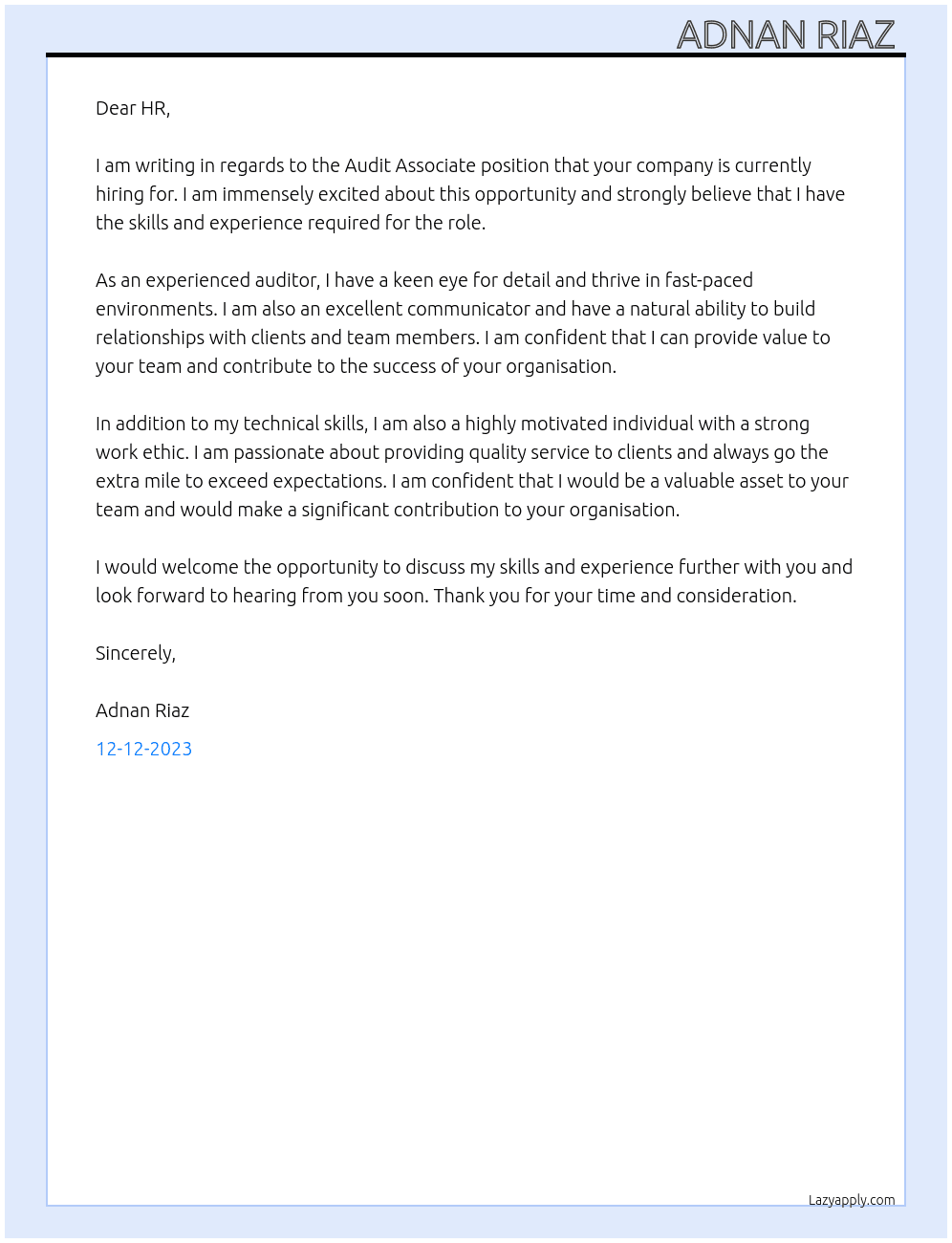 Audit Associate  At Audit firm Cover Letter