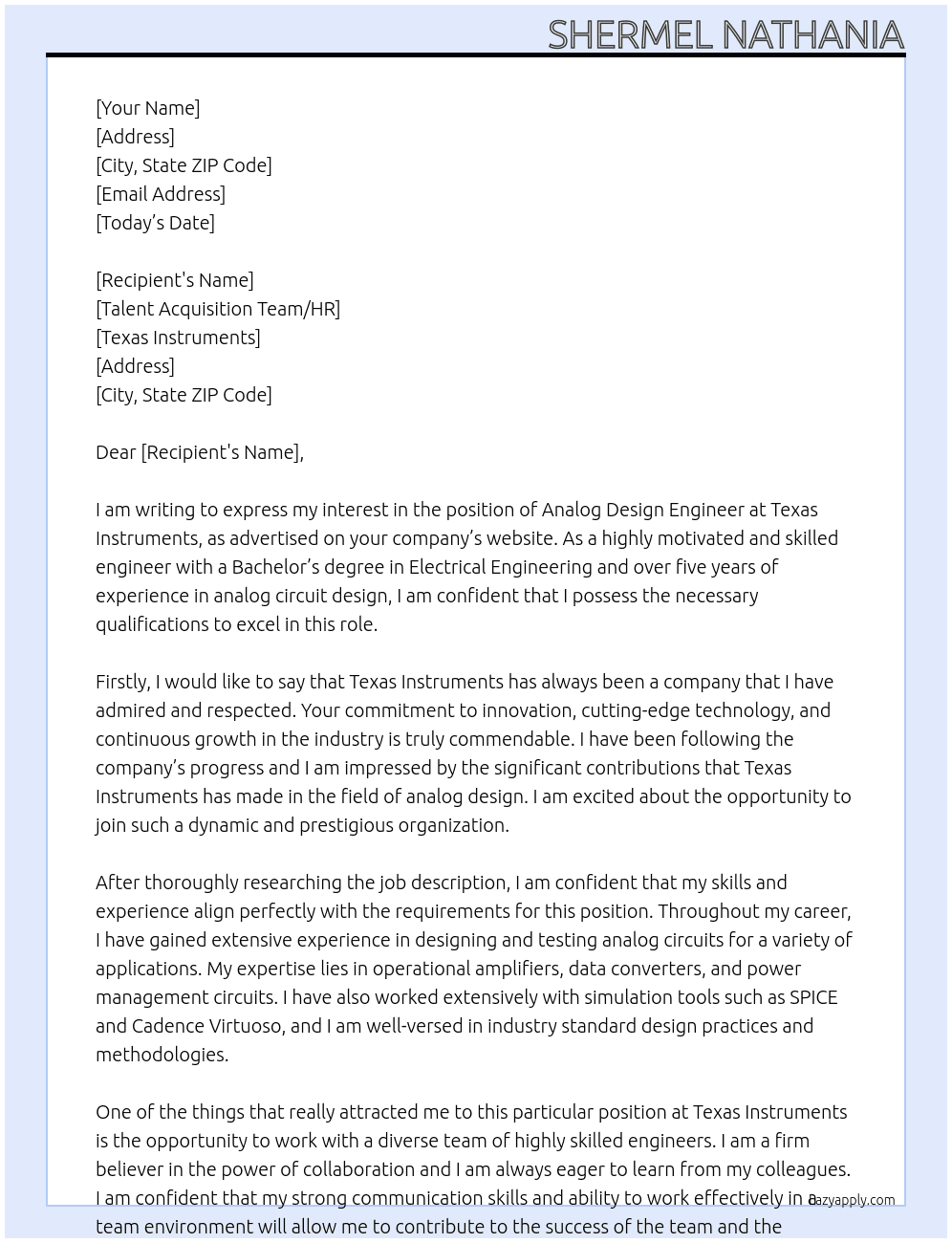 Analog Design Engineer At Texas Instruments Cover Letter