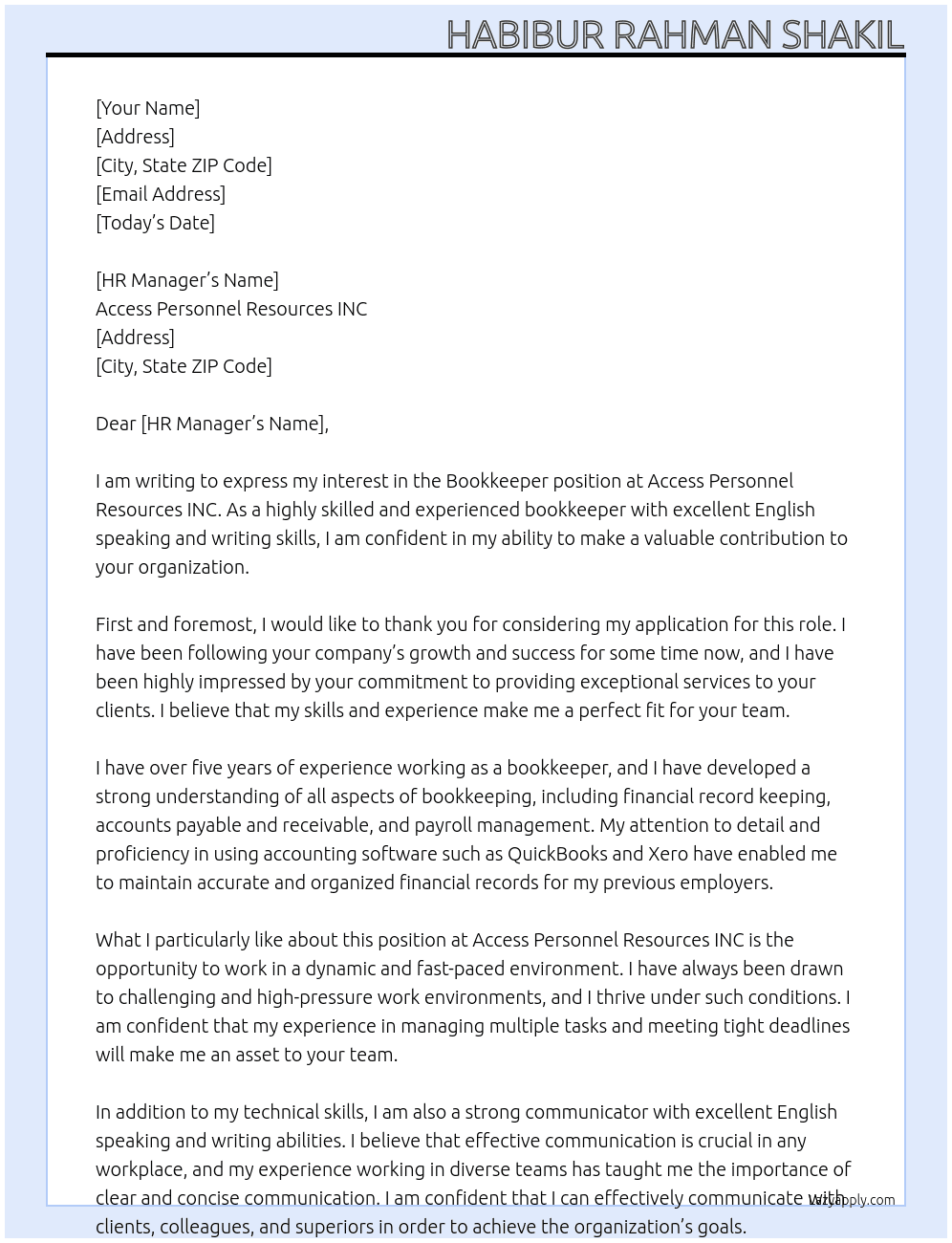 Bookkeeper  At Access Personnel Resources INC Cover Letter