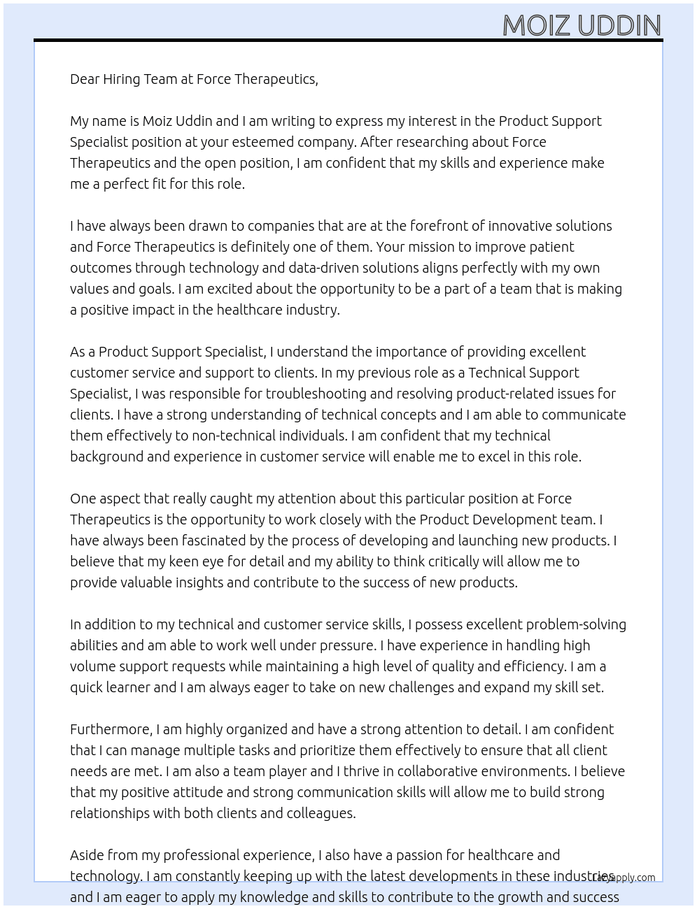 Product support specialist At Force Therapeutics Cover Letter