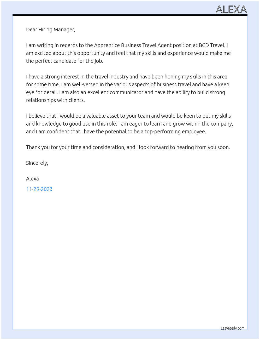 Apprentice Business Travel Agent At BCD Travel Cover Letter