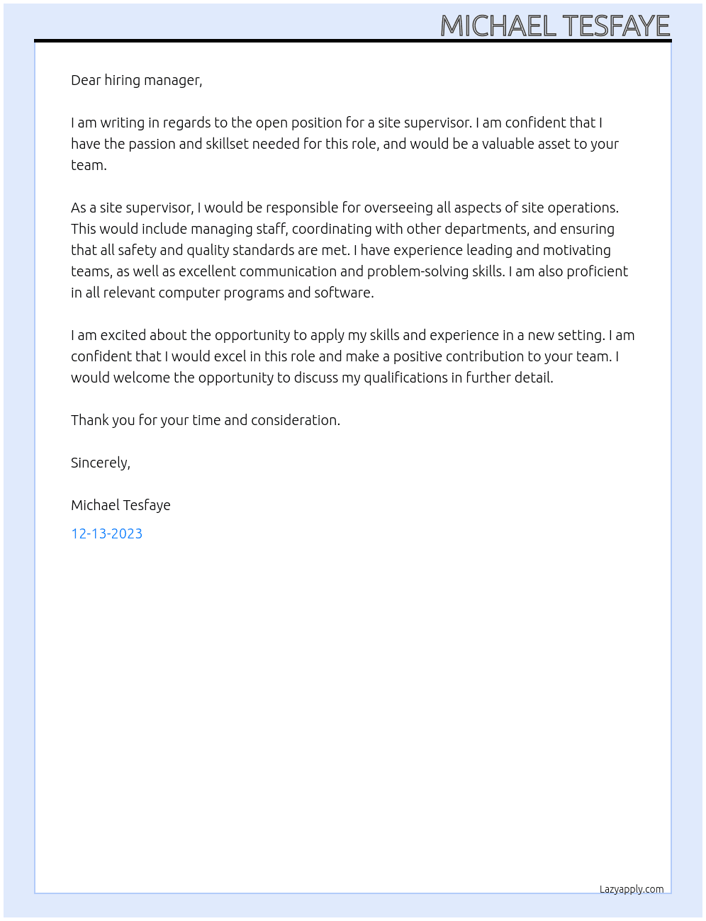 site supervisor At . Cover Letter