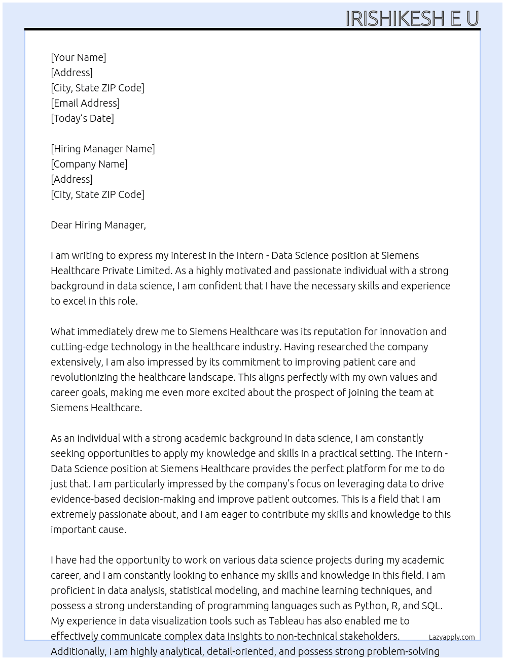 Intern - Data Science At Siemens Healthcare Private Limited Cover Letter