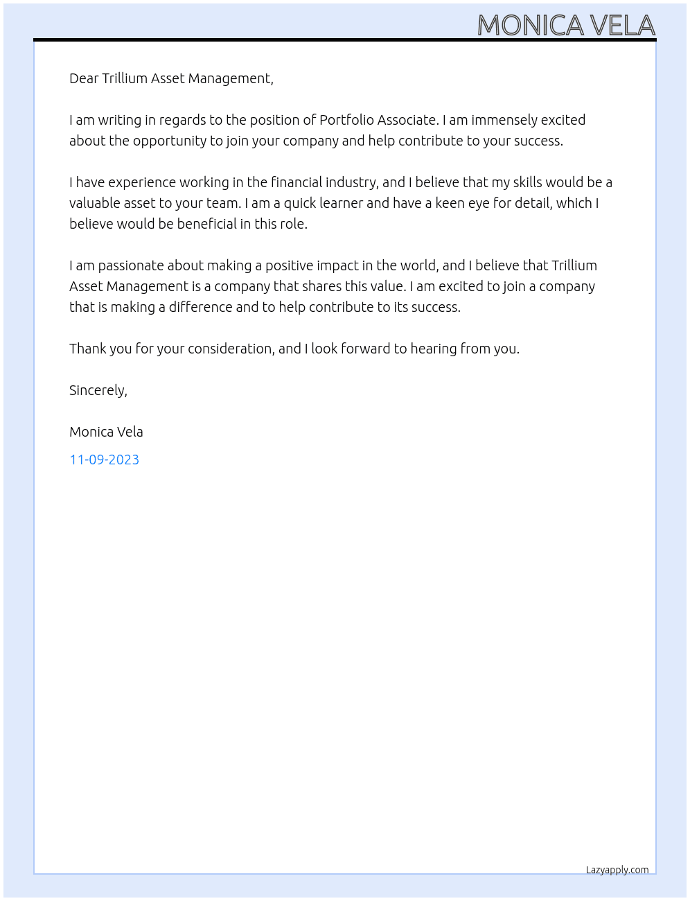 Portfolio Associate At Trillium Asset Management Cover Letter