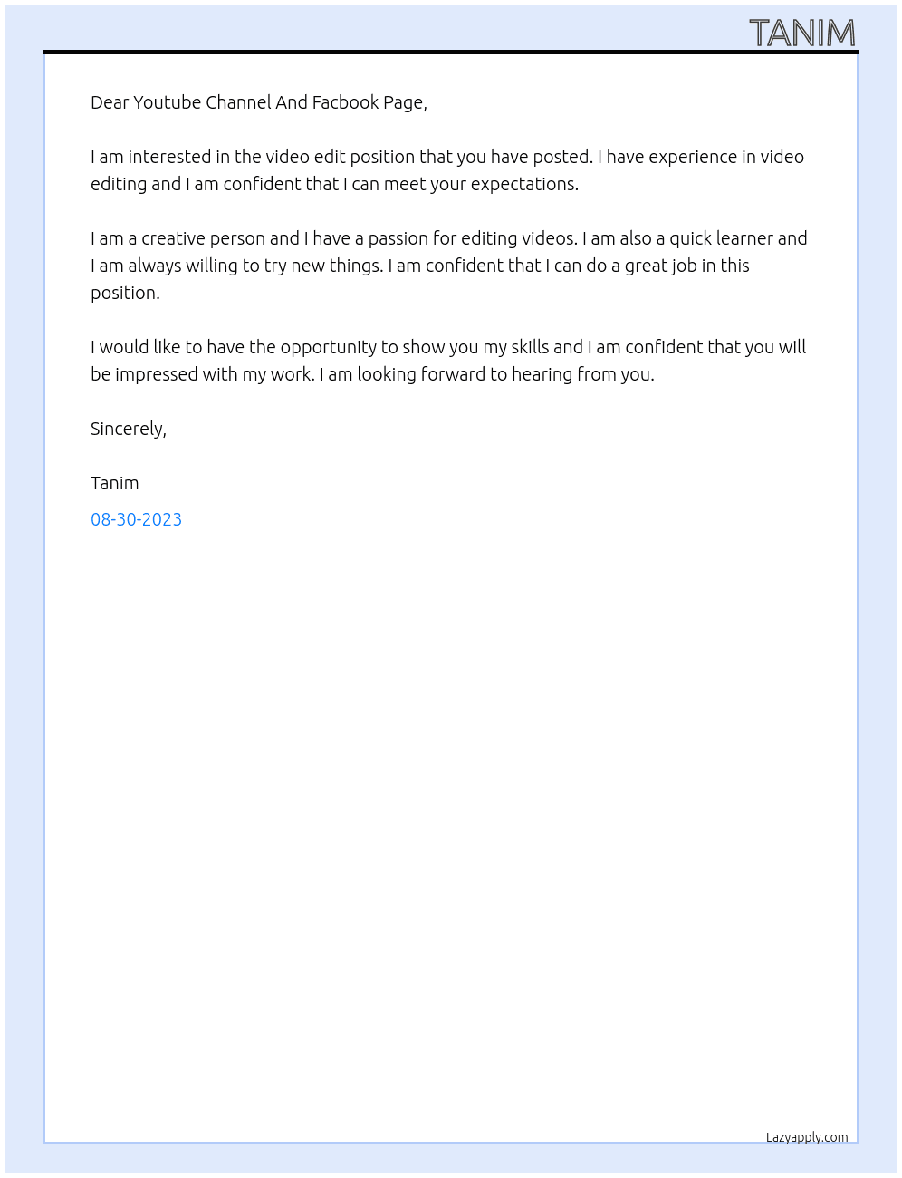 video edit At Youtube Channel And Facbook Page  Cover Letter