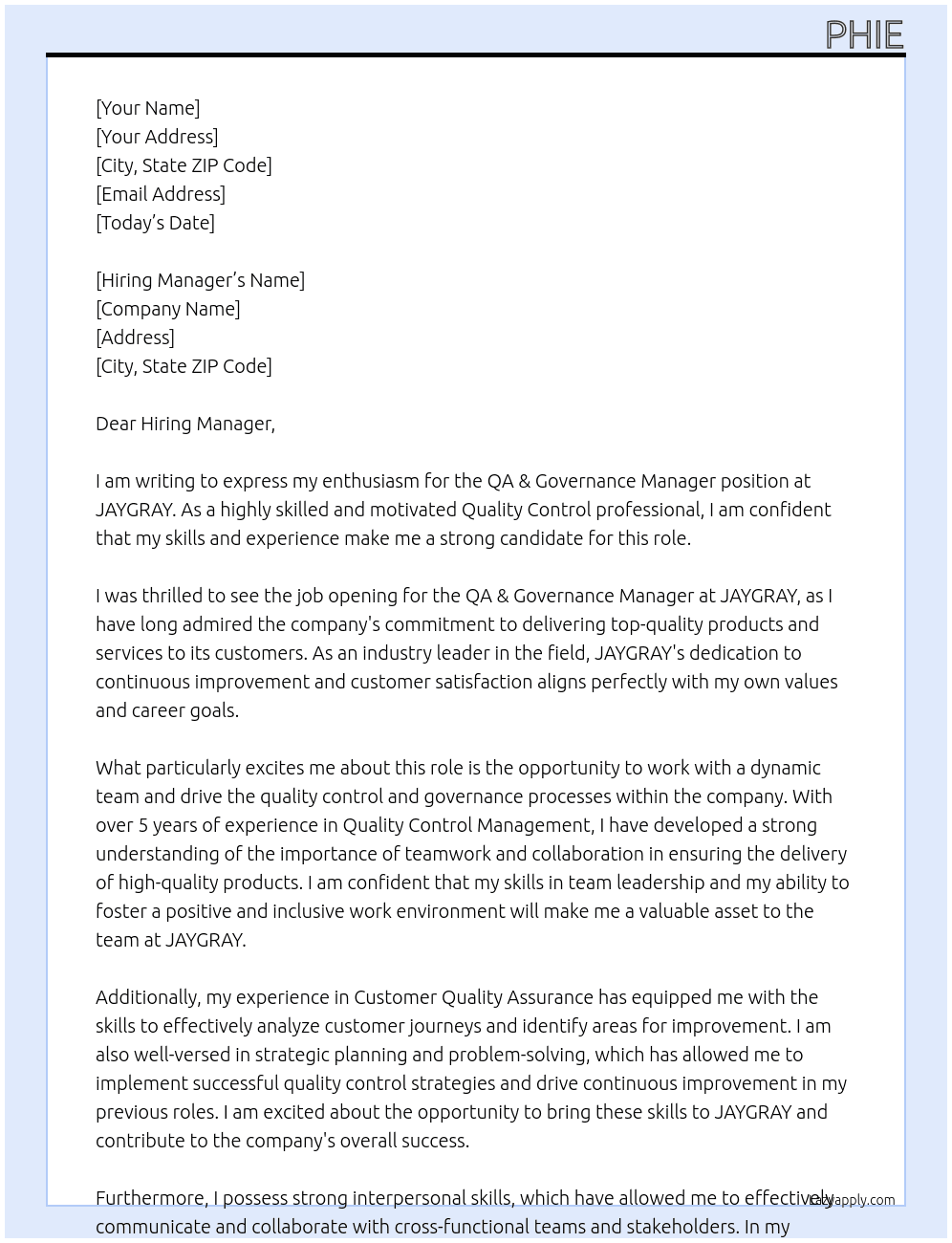 QA & Governance Manager At JAYGRAY Cover Letter