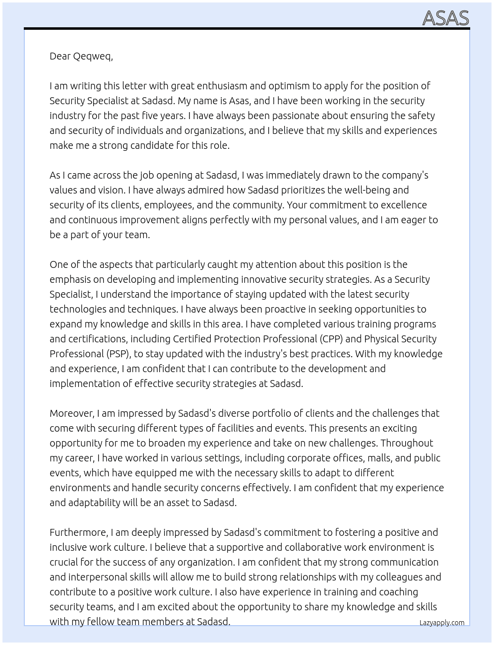 Security Specialist At sadasd Cover Letter