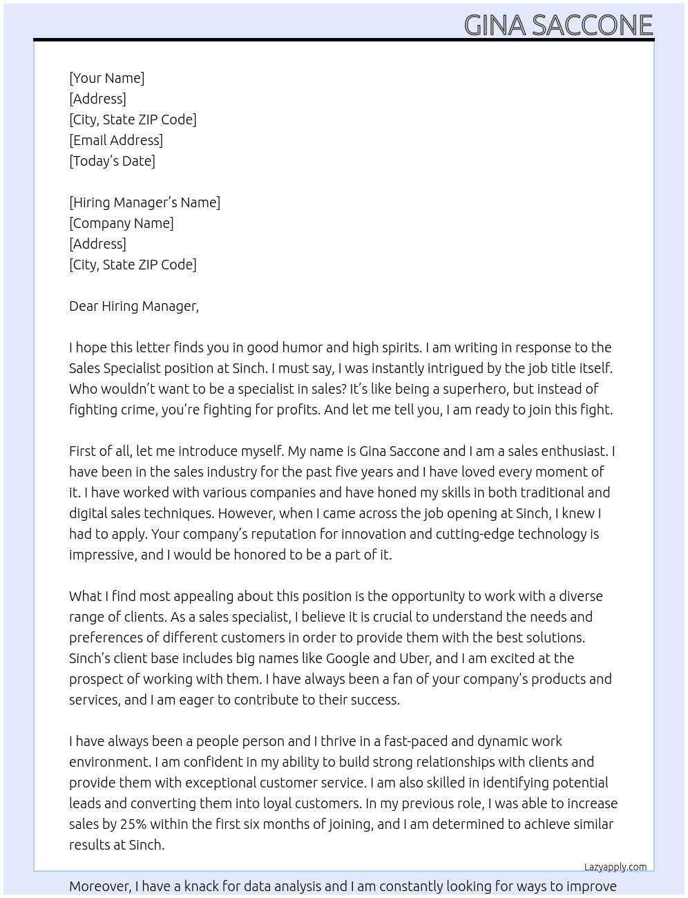 Sales Specialist At Sinch Cover Letter