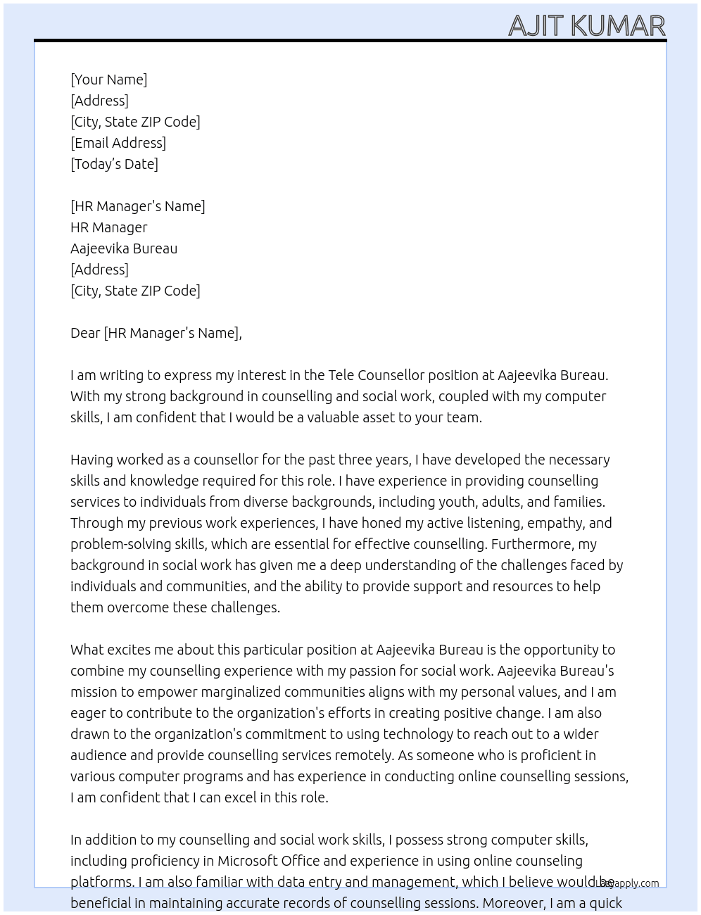 Tele counsellors At Aajeevika Bureau Cover Letter