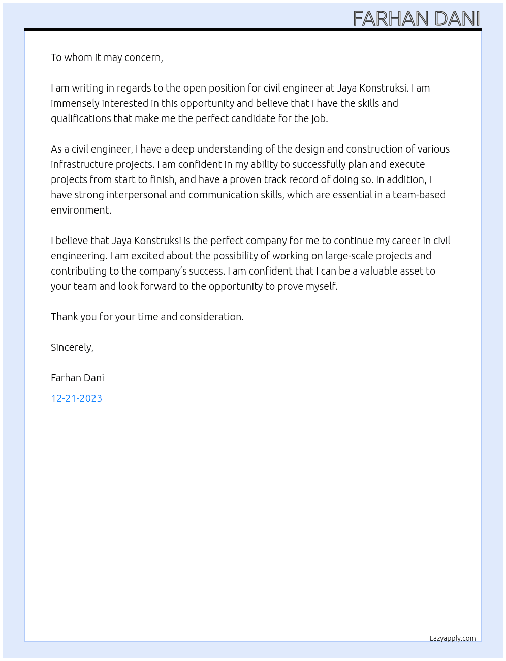 Civil Engineer At Jaya Konstruksi Cover Letter