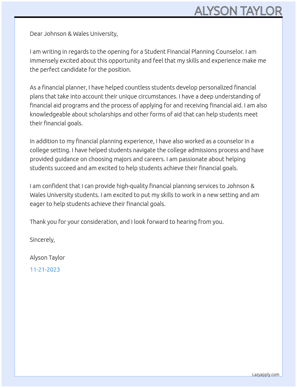 Student Financial Planning Counselor At Johnson & Wales University Cover Letter