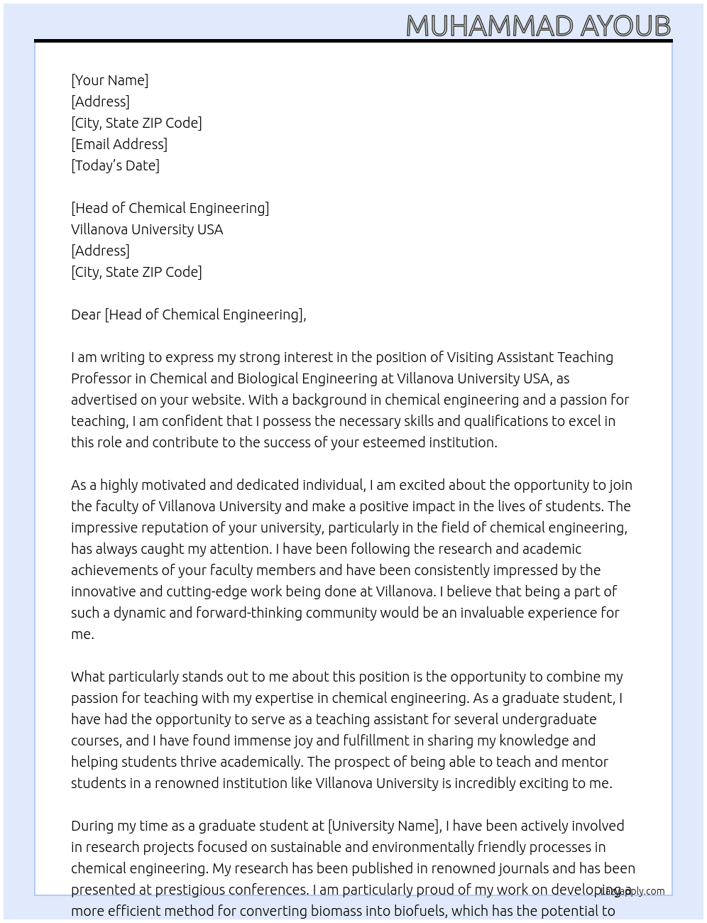 Visiting Assistant Teaching Professor - Chemical and Biological Engineering At Villanova University USA Cover Letter