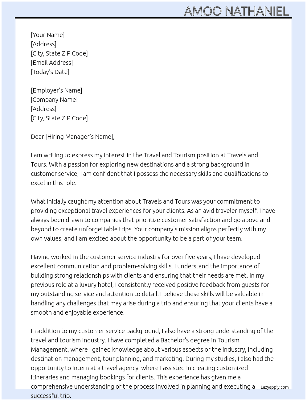 Travel and Tourism At Travels and Tours  Cover Letter