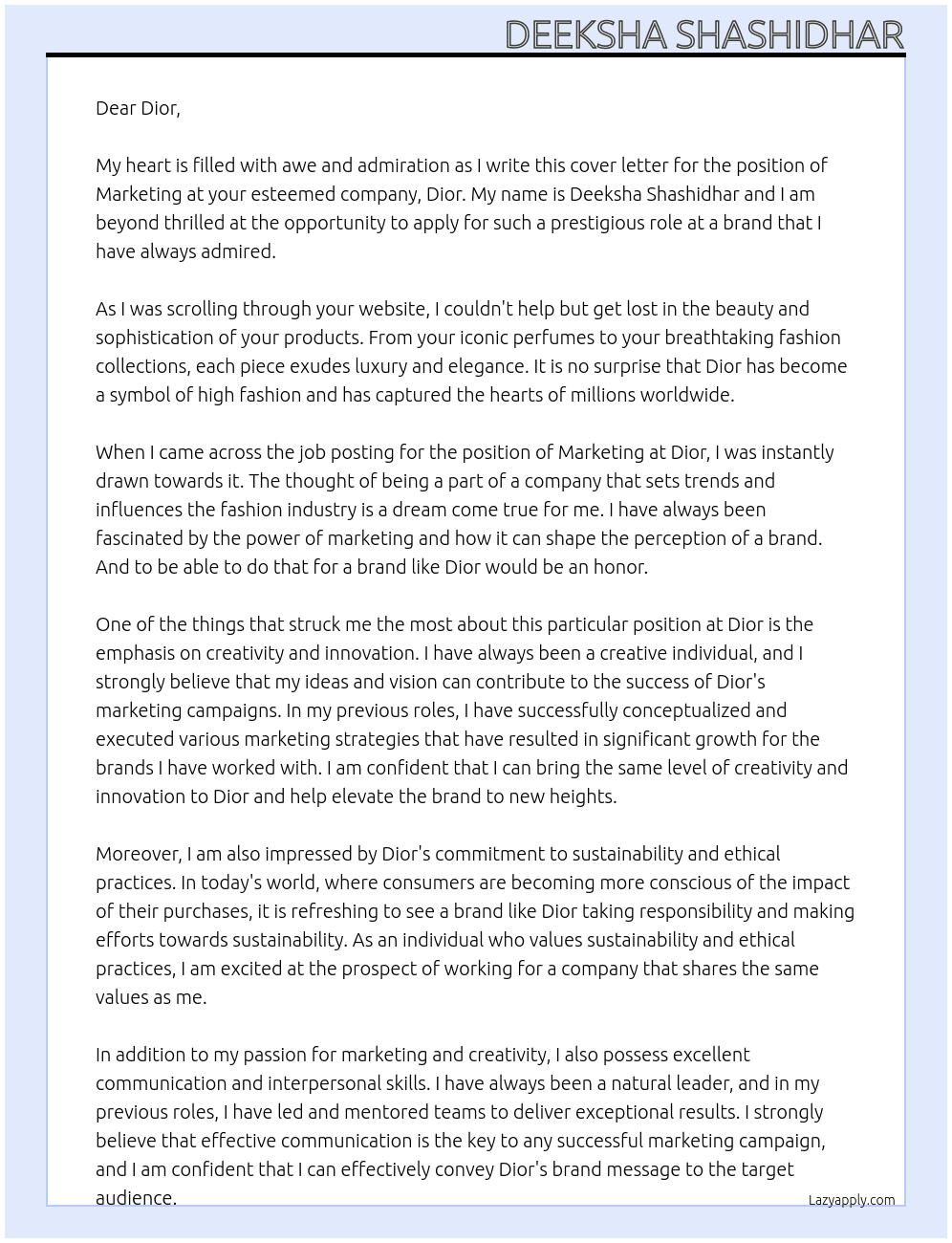 marketing At dior Cover Letter