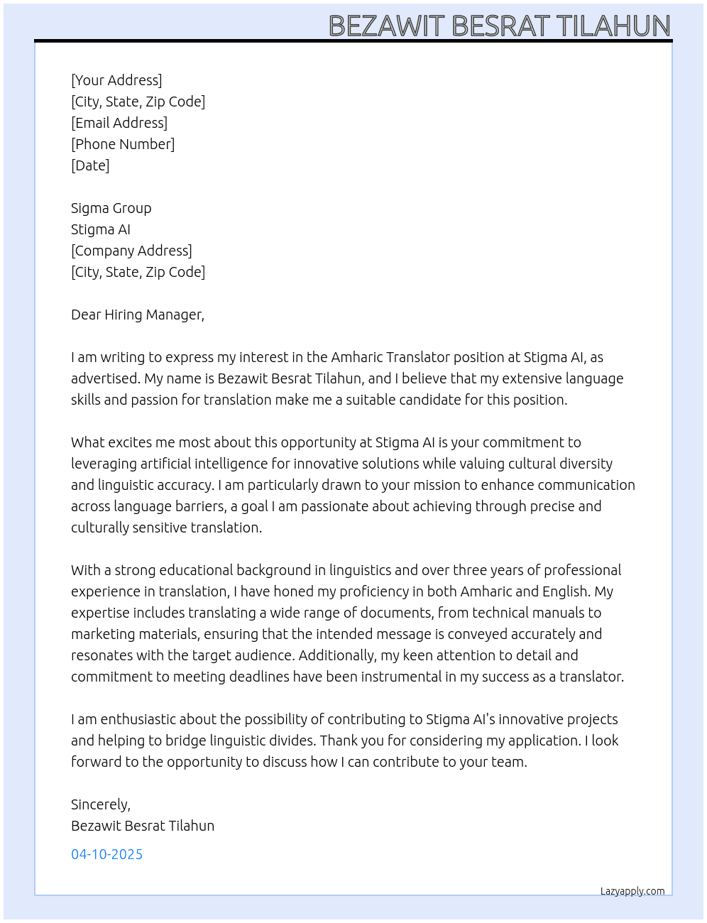 Cover letter for amharic translator - LazyApply