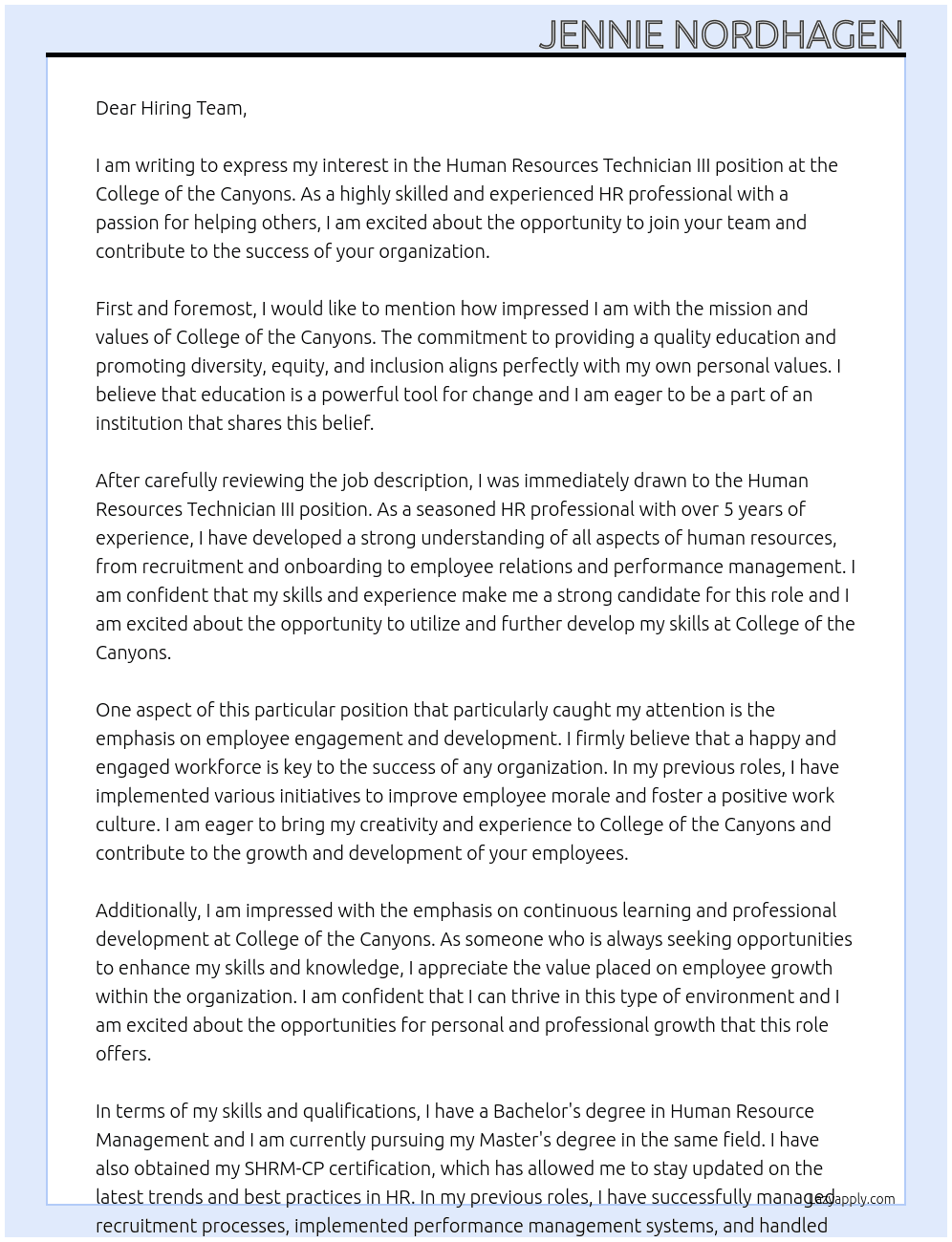 Human Resources Technician III At College of the Canyons Cover Letter