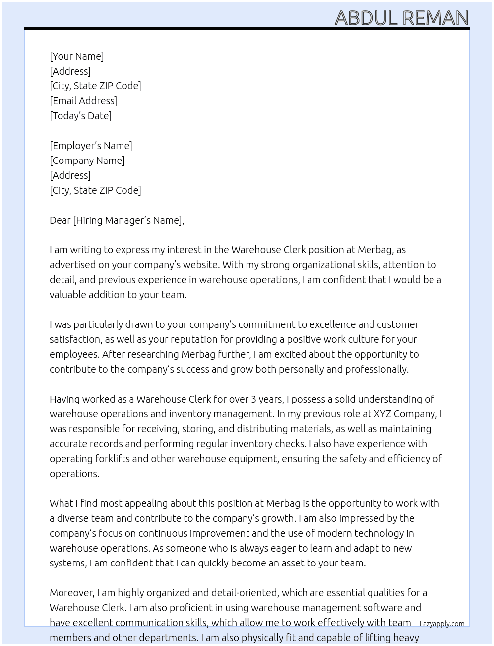 Warehouse clerk  At Merbag Cover Letter