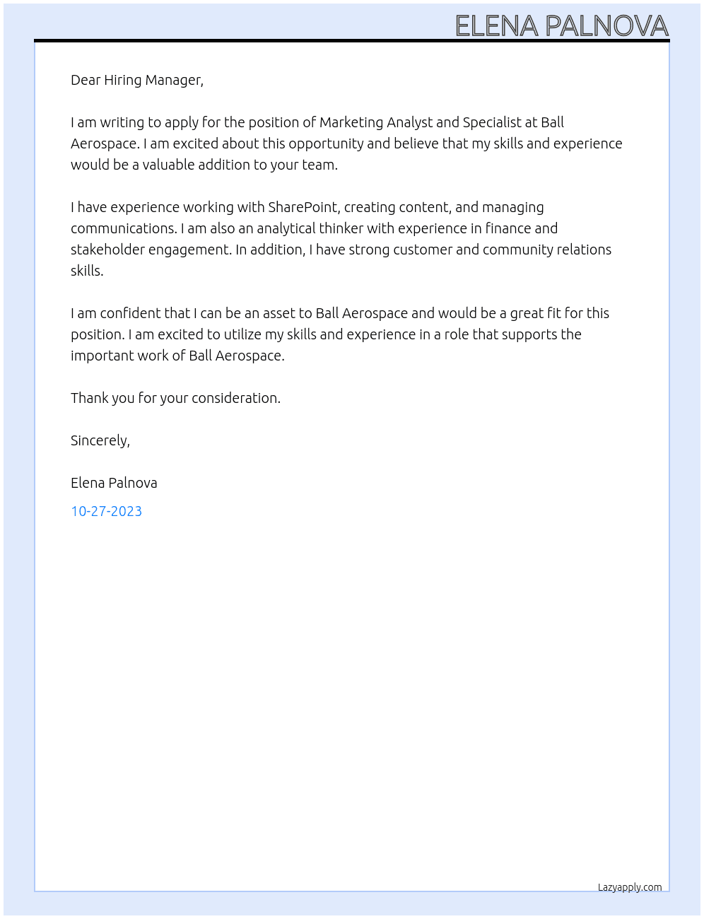 Marketing Analyst and Specialist  At Ball Aerospace Cover Letter