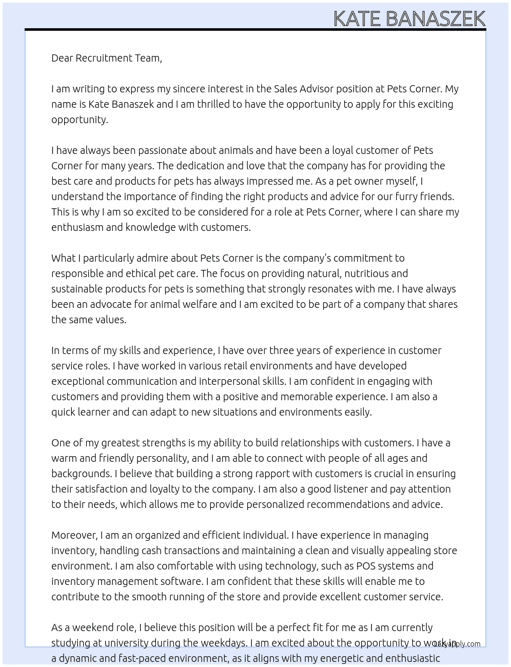 Sales advisor Pet Shop At Pets Corner Cover Letter
