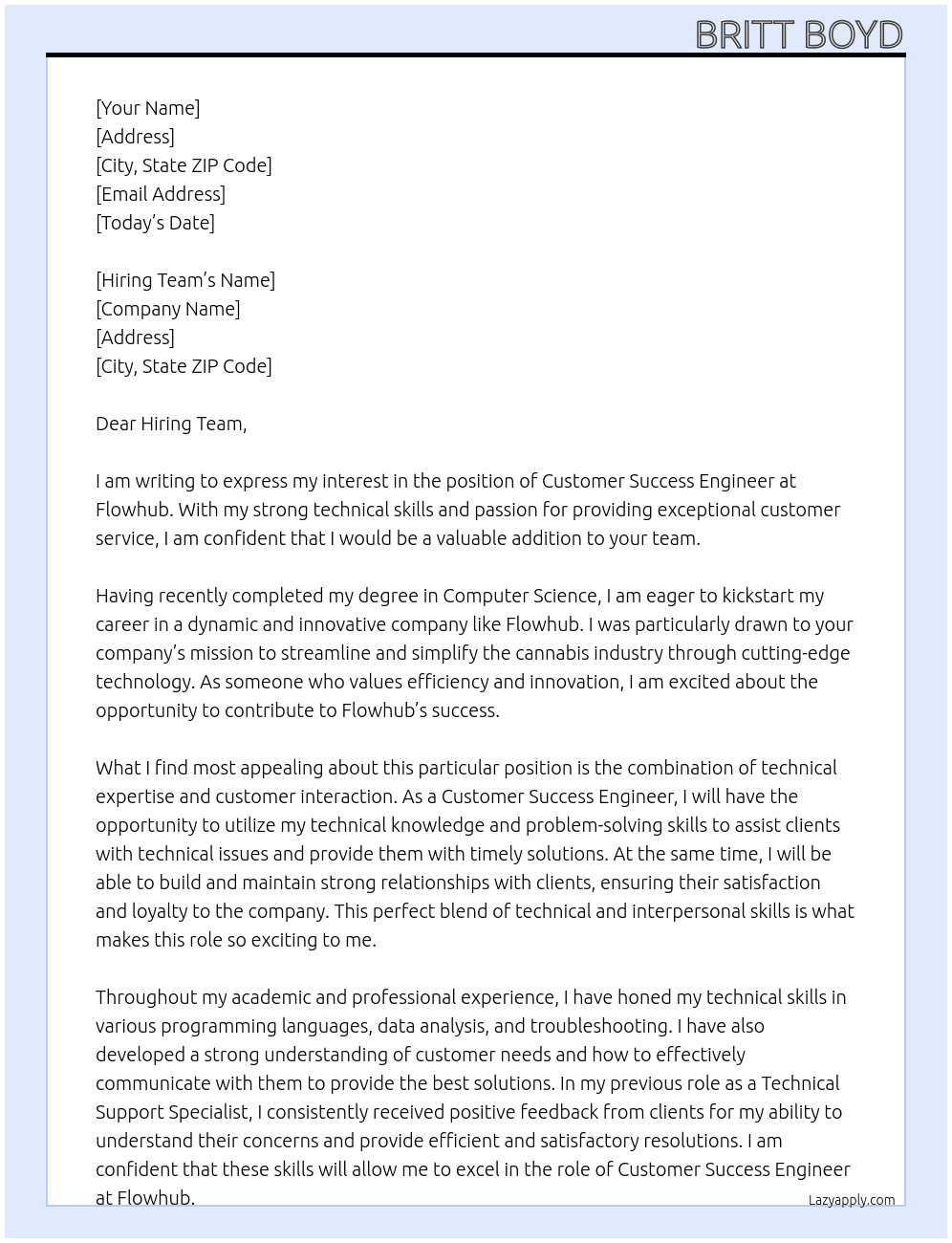 customer success engineer At Flowhub Cover Letter
