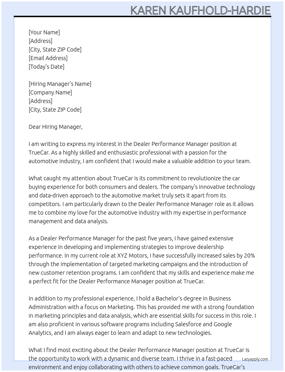 Dealer Performance Manager At TrueCar Cover Letter