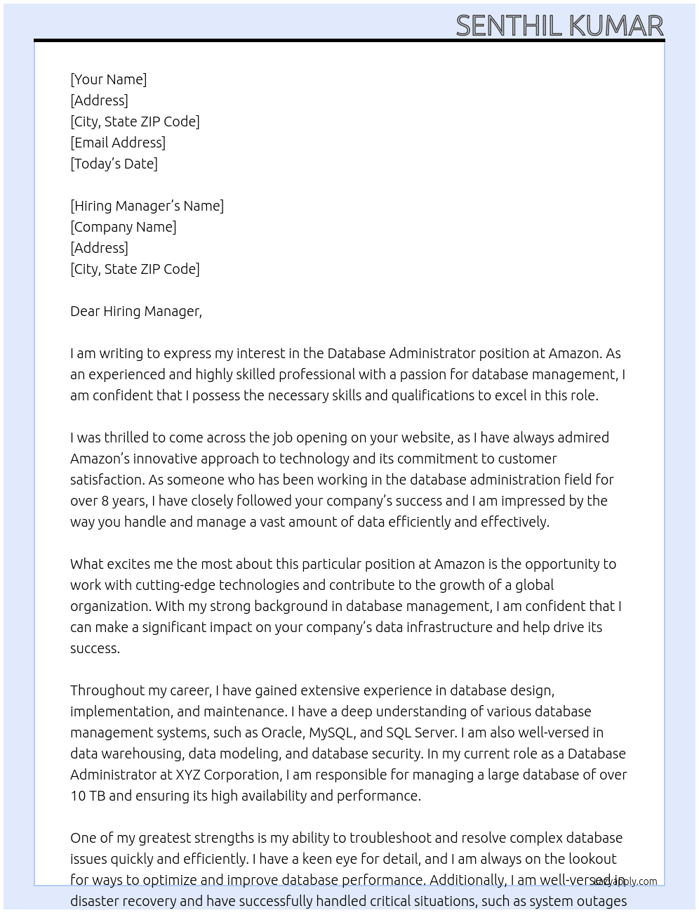 Database Administrator  At Amazon Cover Letter