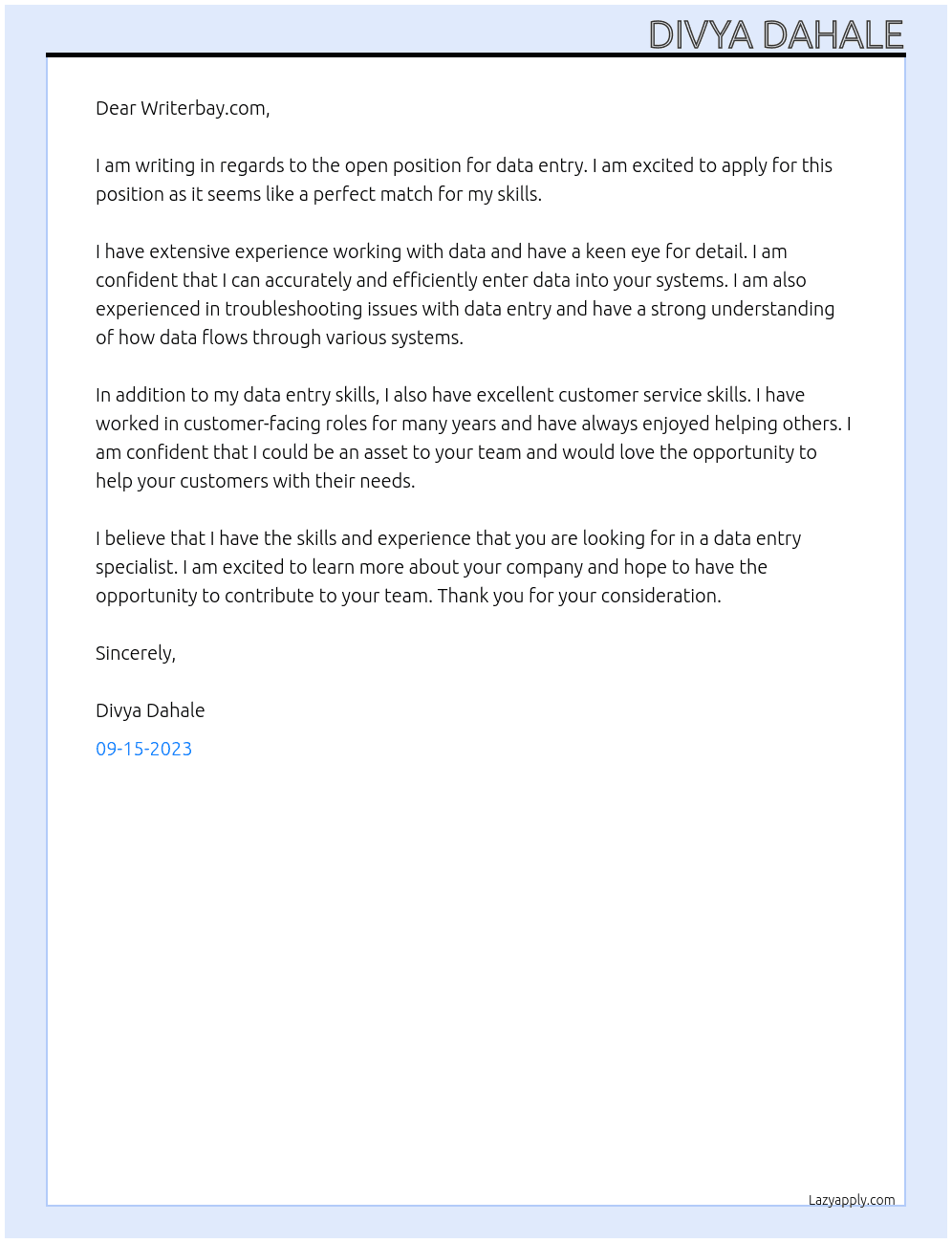 data entry  At writerbay.com Cover Letter
