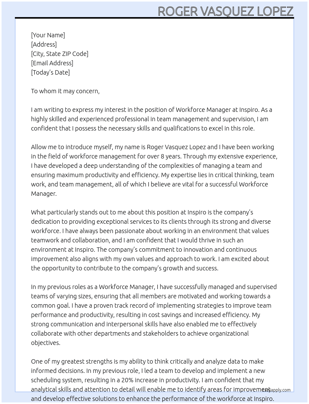 Workforce Manager At Inspiro Cover Letter