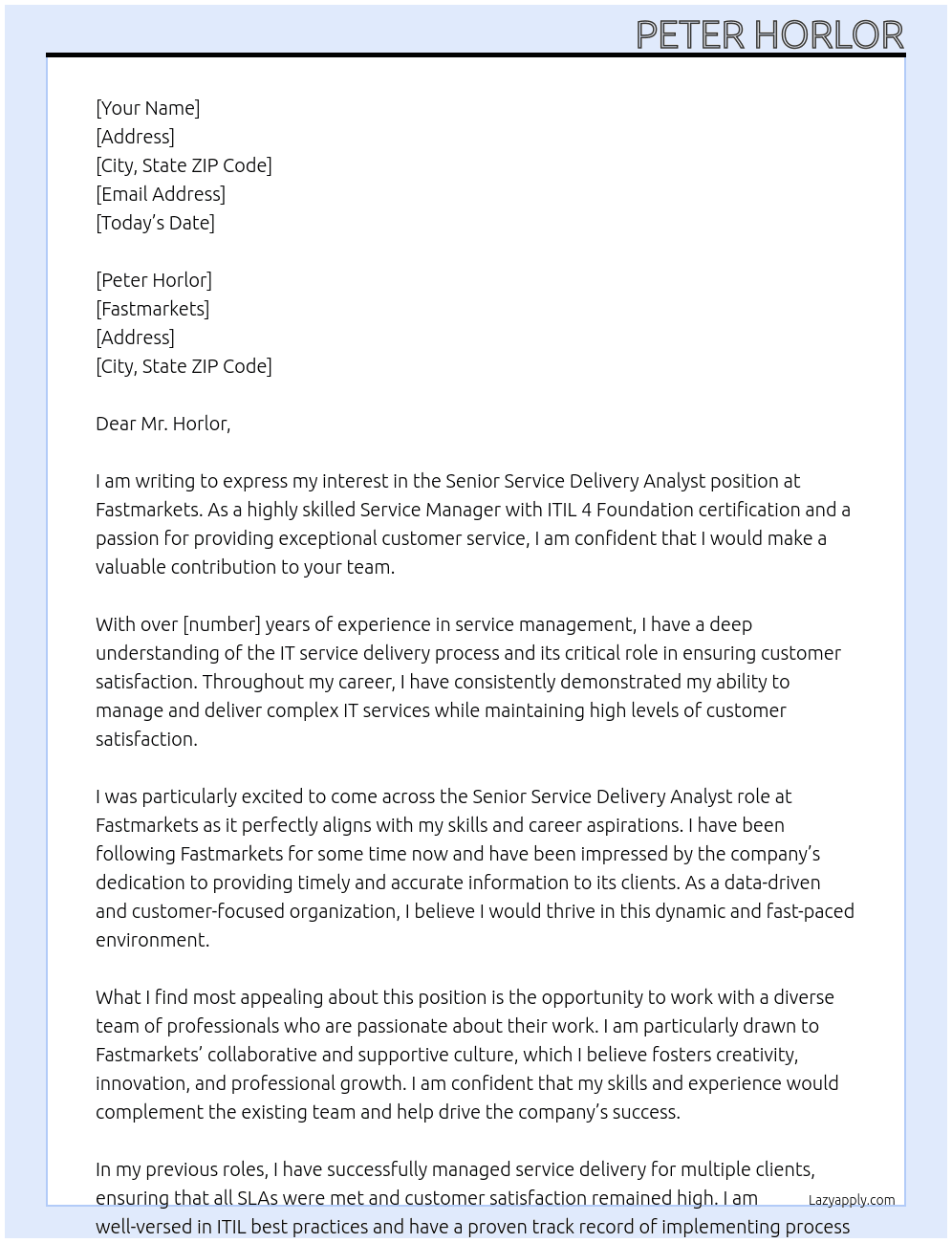 Senior Service Delivery Analyst At Fastmarkets Cover Letter