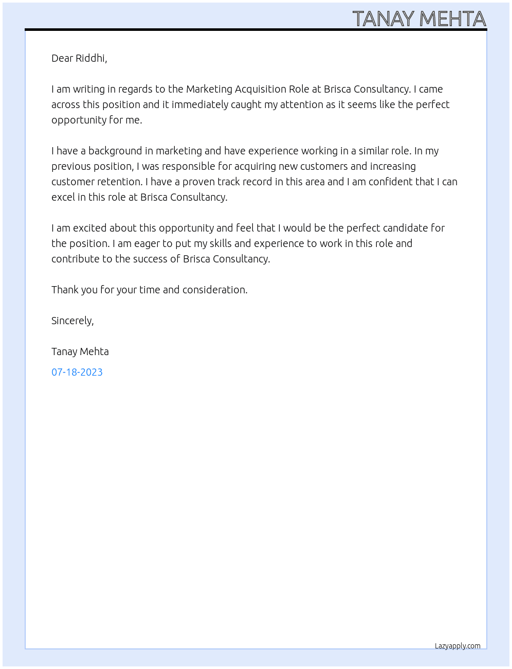 Marketing Acquisition Role At Brisca Consultancy Cover Letter
