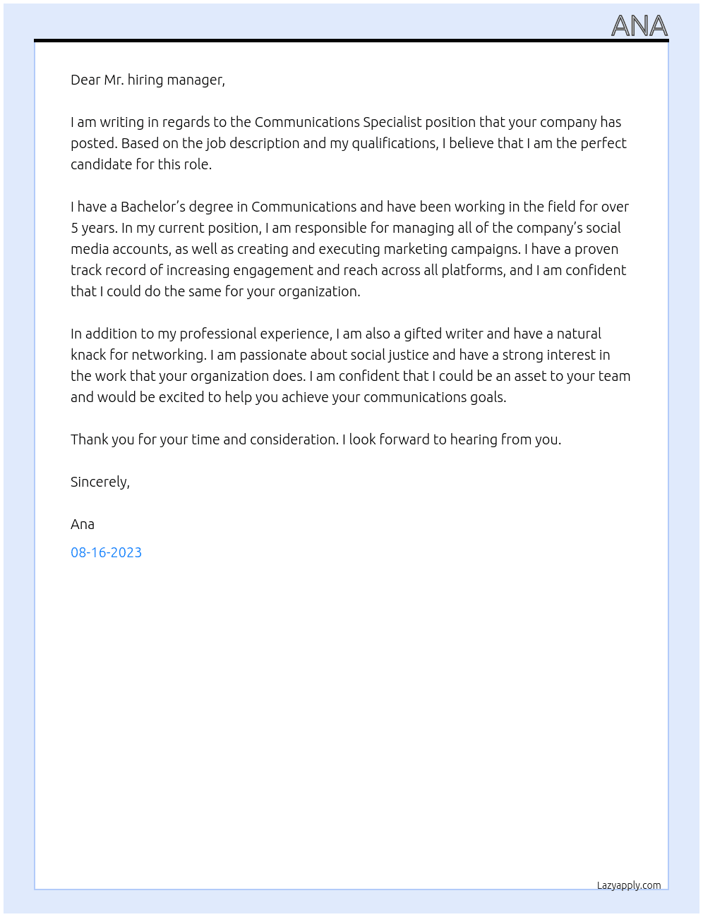 Communications Specialist  At NGO Cover Letter