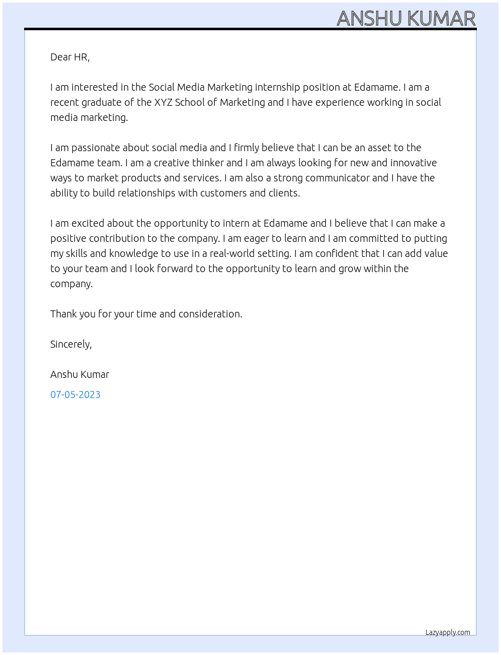 Social Media Marketing internship At Edamame Cover Letter