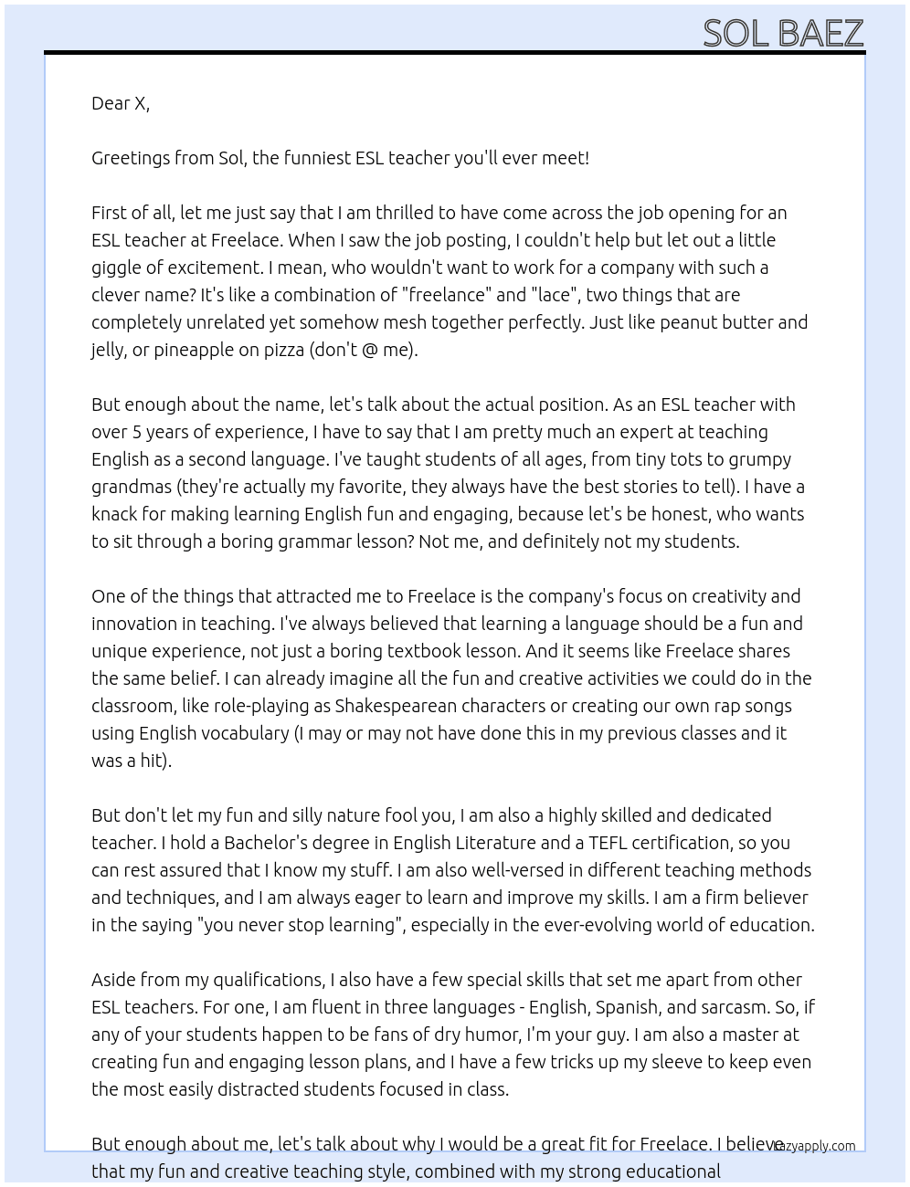 ESL teacher At Freelace Cover Letter