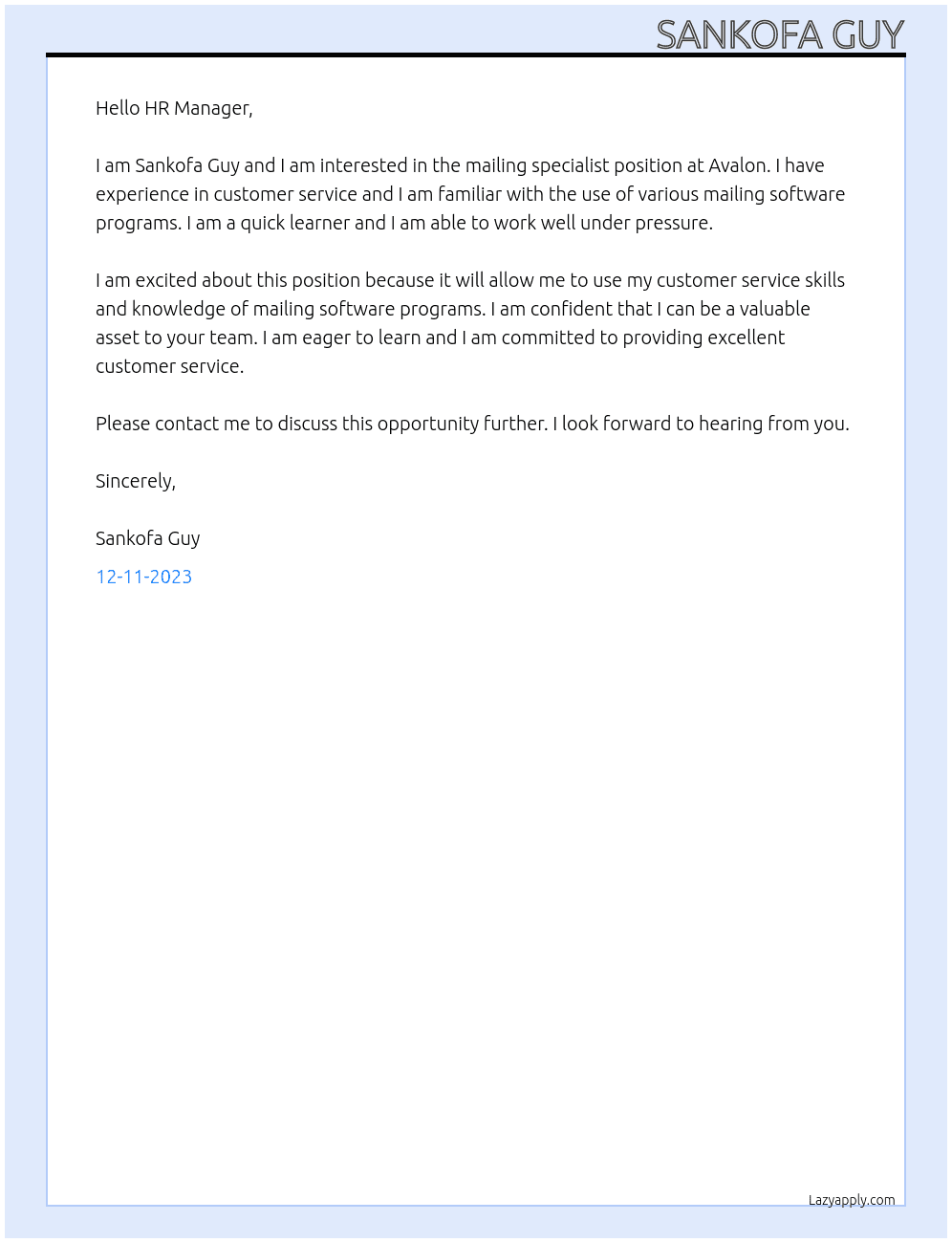 mailing specialist  At Avalon Cover Letter