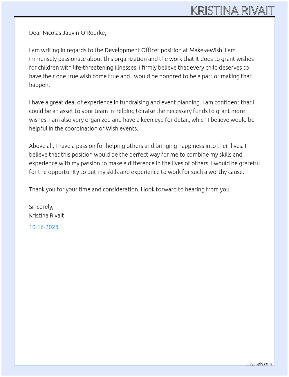 Development Officer At Make-a-Wish Cover Letter
