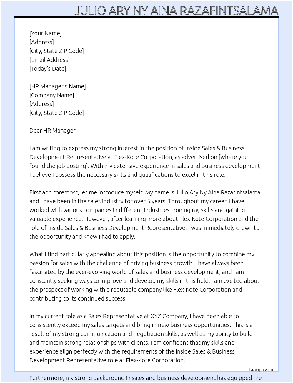 Inside Sales & Business Development Representative At flex-kote corporation Cover Letter