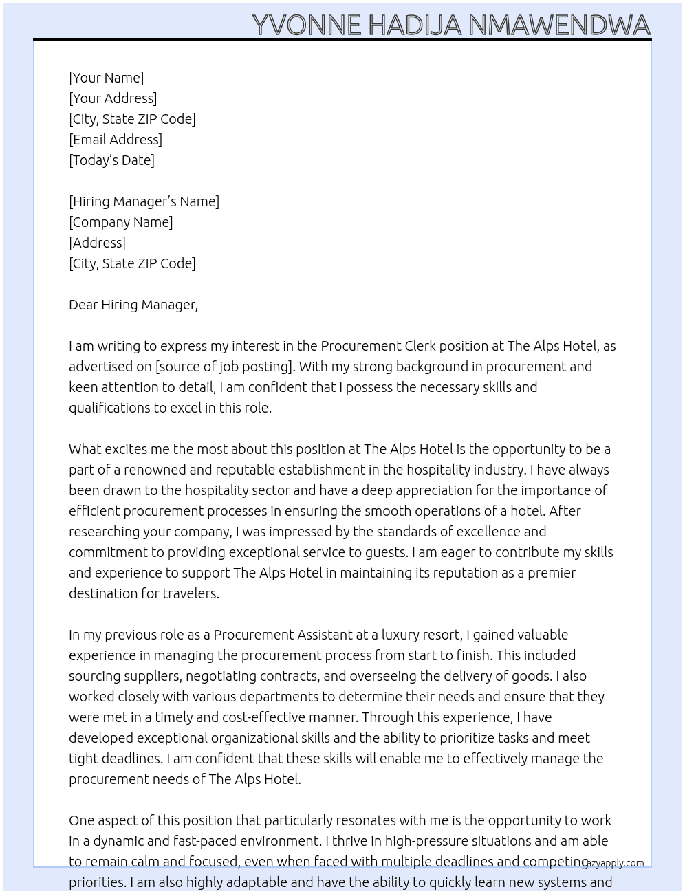 Procurement clerk At The Alps Hotel Cover Letter