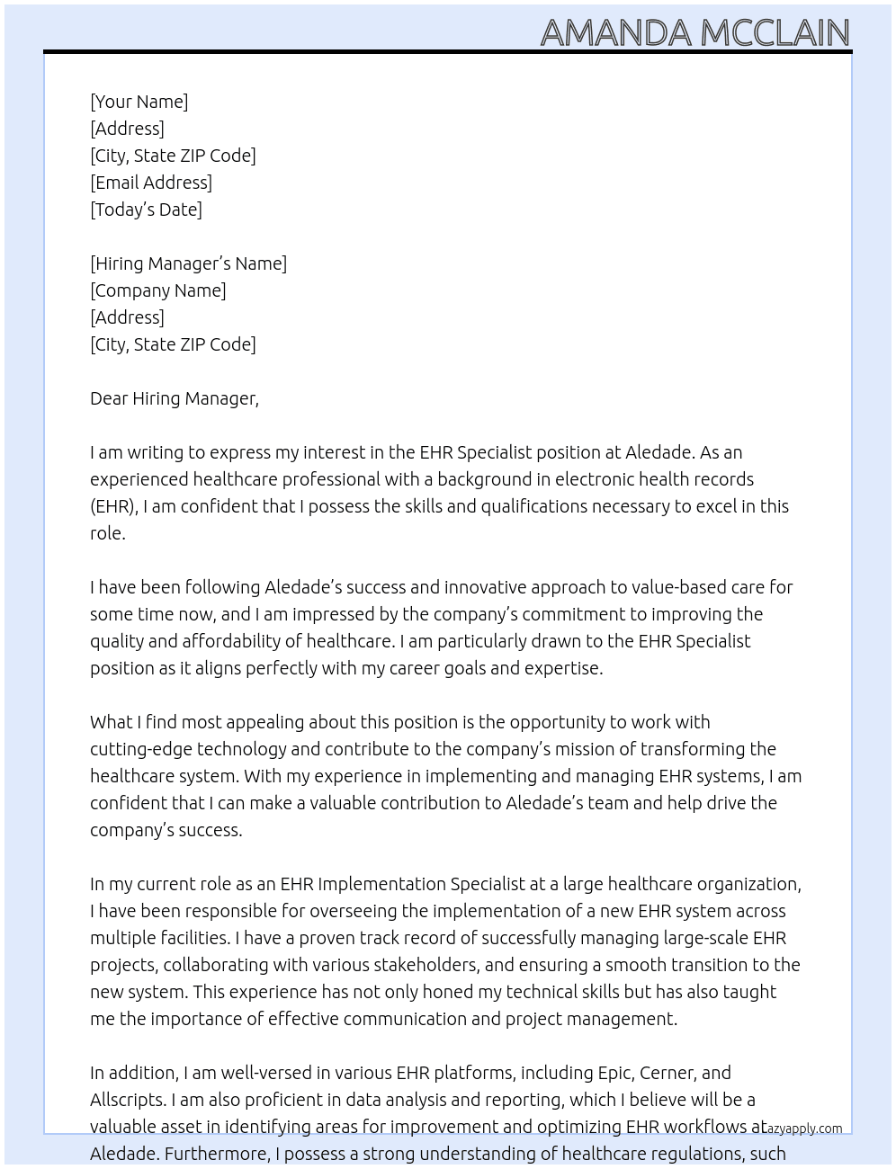 EHR Specialist  At Aledade Cover Letter