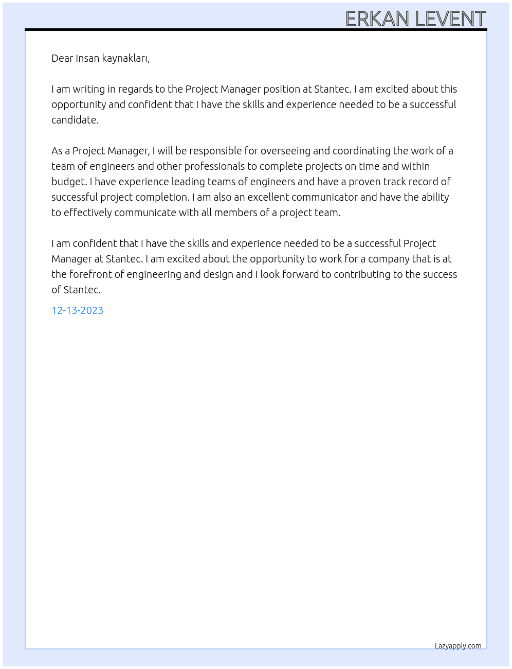 Project Manager At Stantec Cover Letter