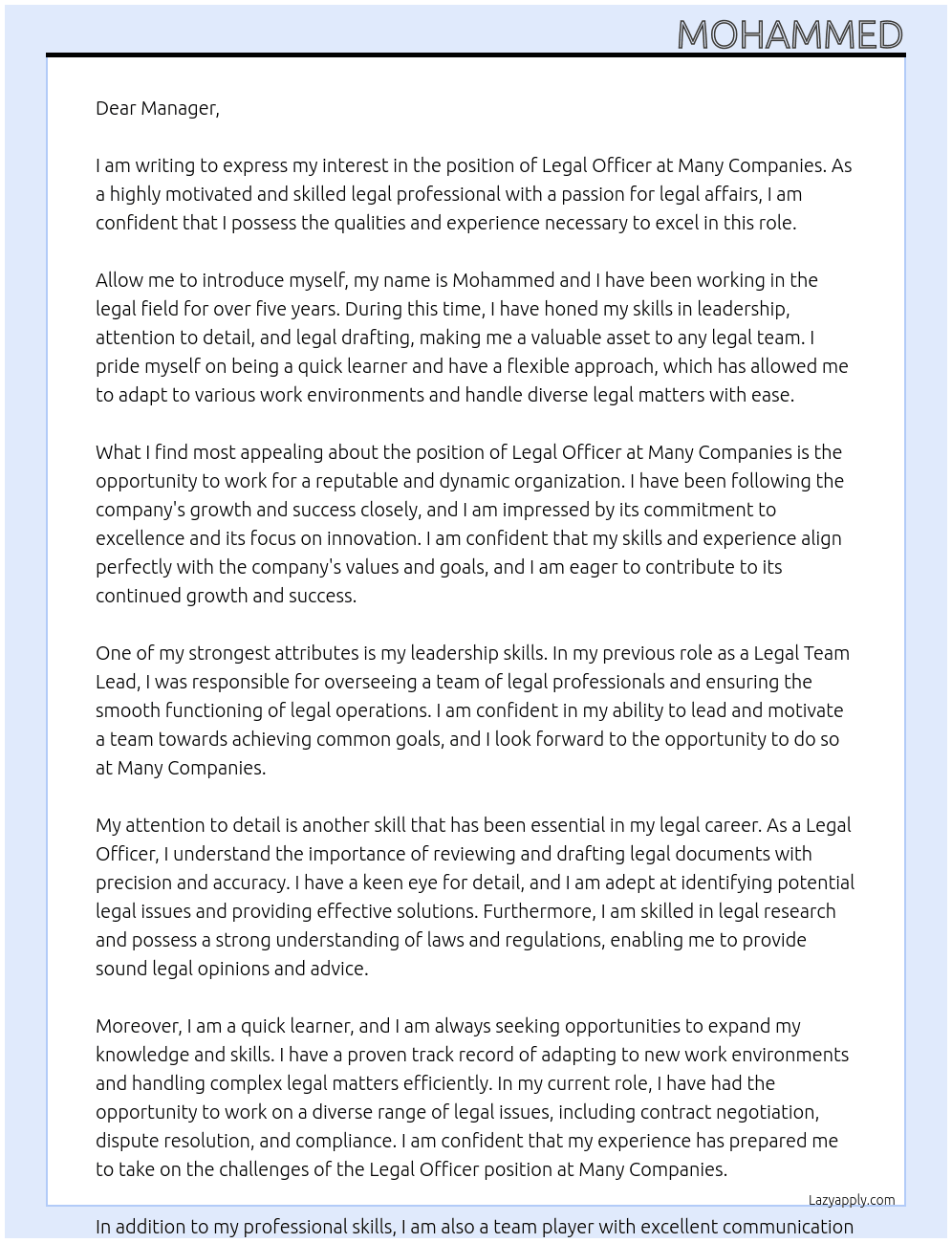 legal officer At many companies Cover Letter