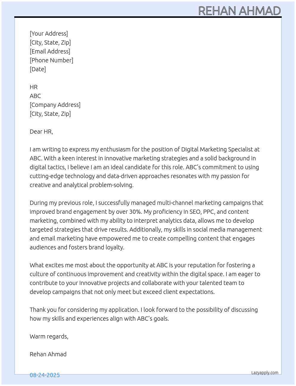 Cover letter for job title: digital marketing specialist - LazyApply