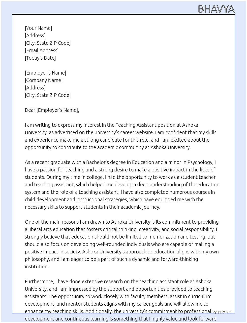 Teaching Assistant At Ashoka University Cover Letter