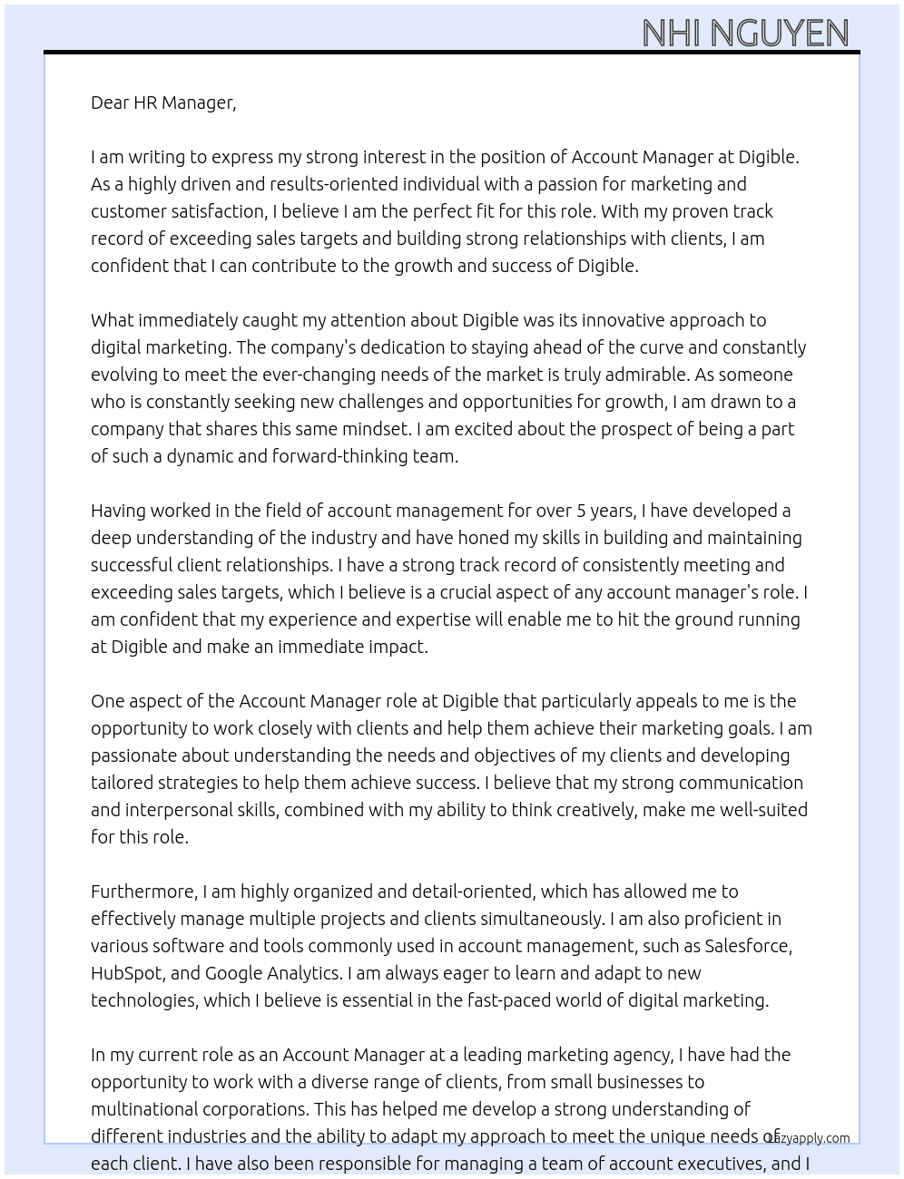 Account Manager  At Digible Cover Letter
