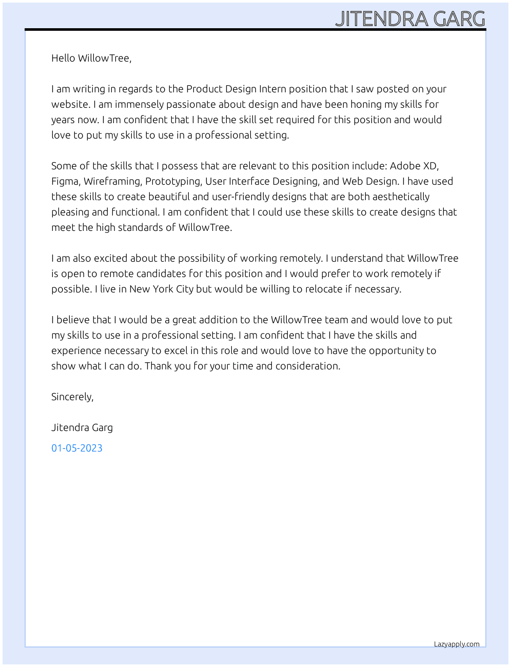 Product Design Intern At WillowTree Cover Letter