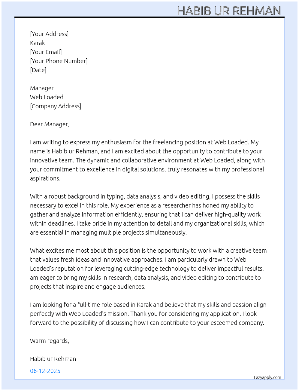 freelancing  At web loaded Cover Letter
