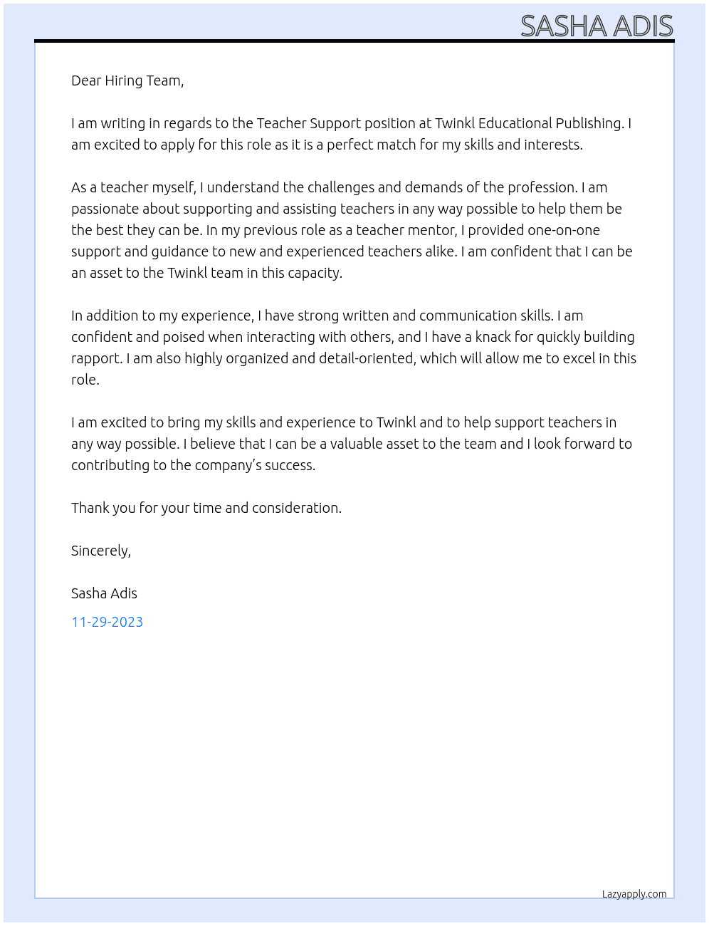 teacher support At twinkl educational publishing Cover Letter