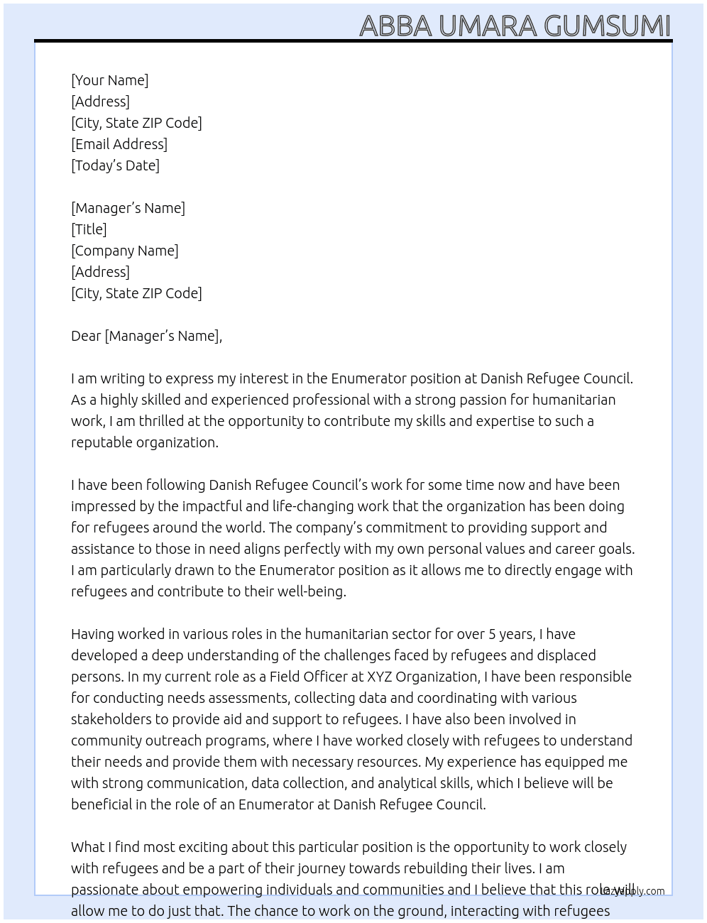 Enumerator  At DANISH REFUGEE COUNCIL  Cover Letter